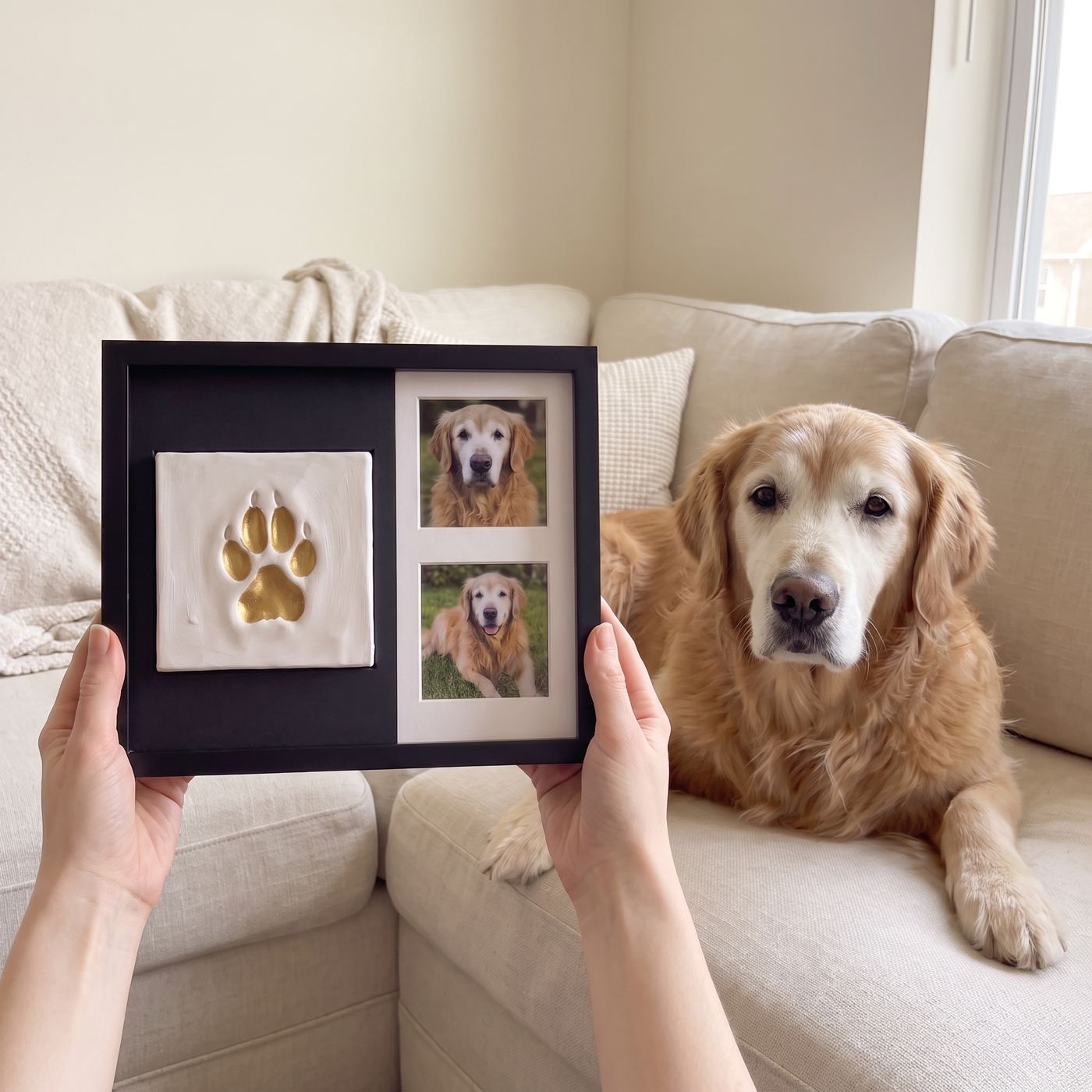 Customer holding the finished frame with her senior golden retriever