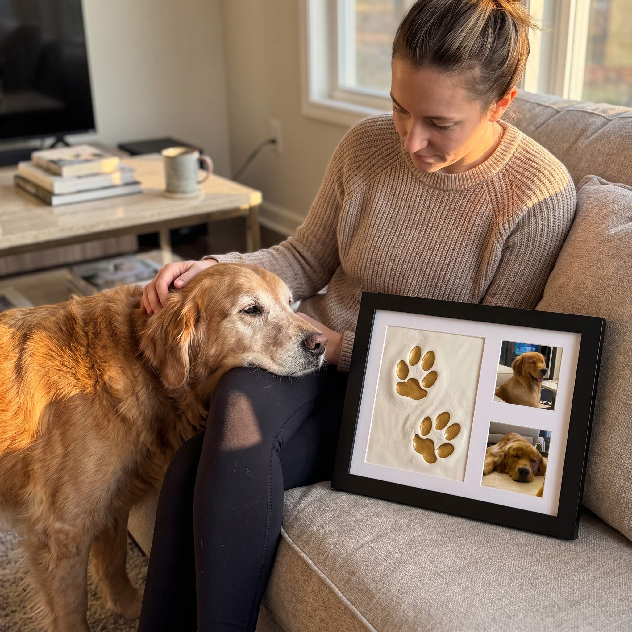 Senior golden retriever beside the finished keepsake frame