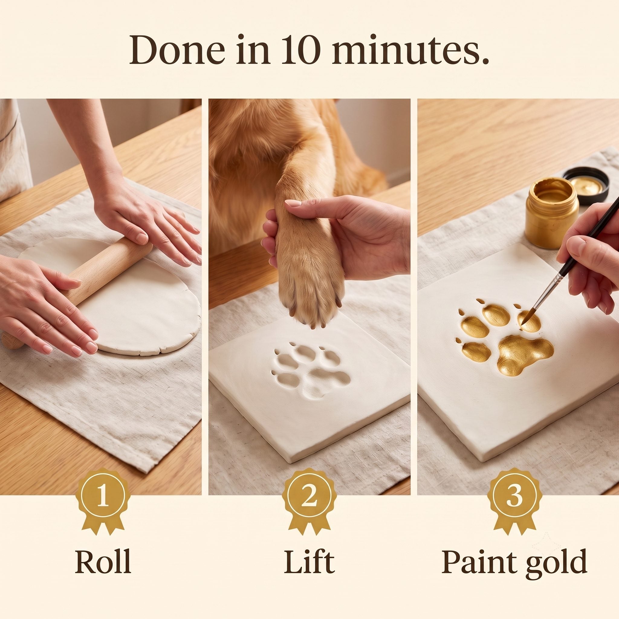 How it works in three steps: roll, lift, paint gold