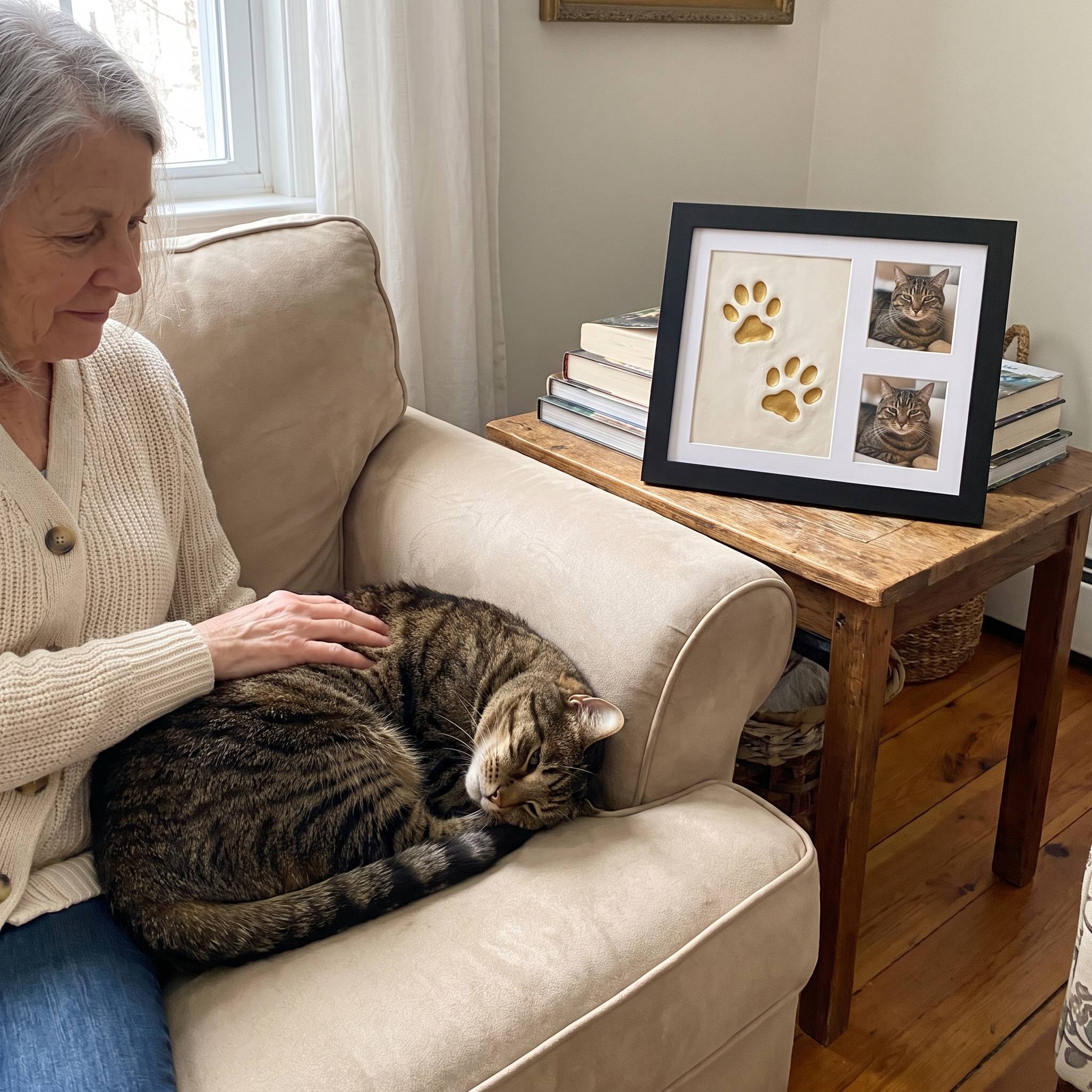 Senior cat beside the finished keepsake frame