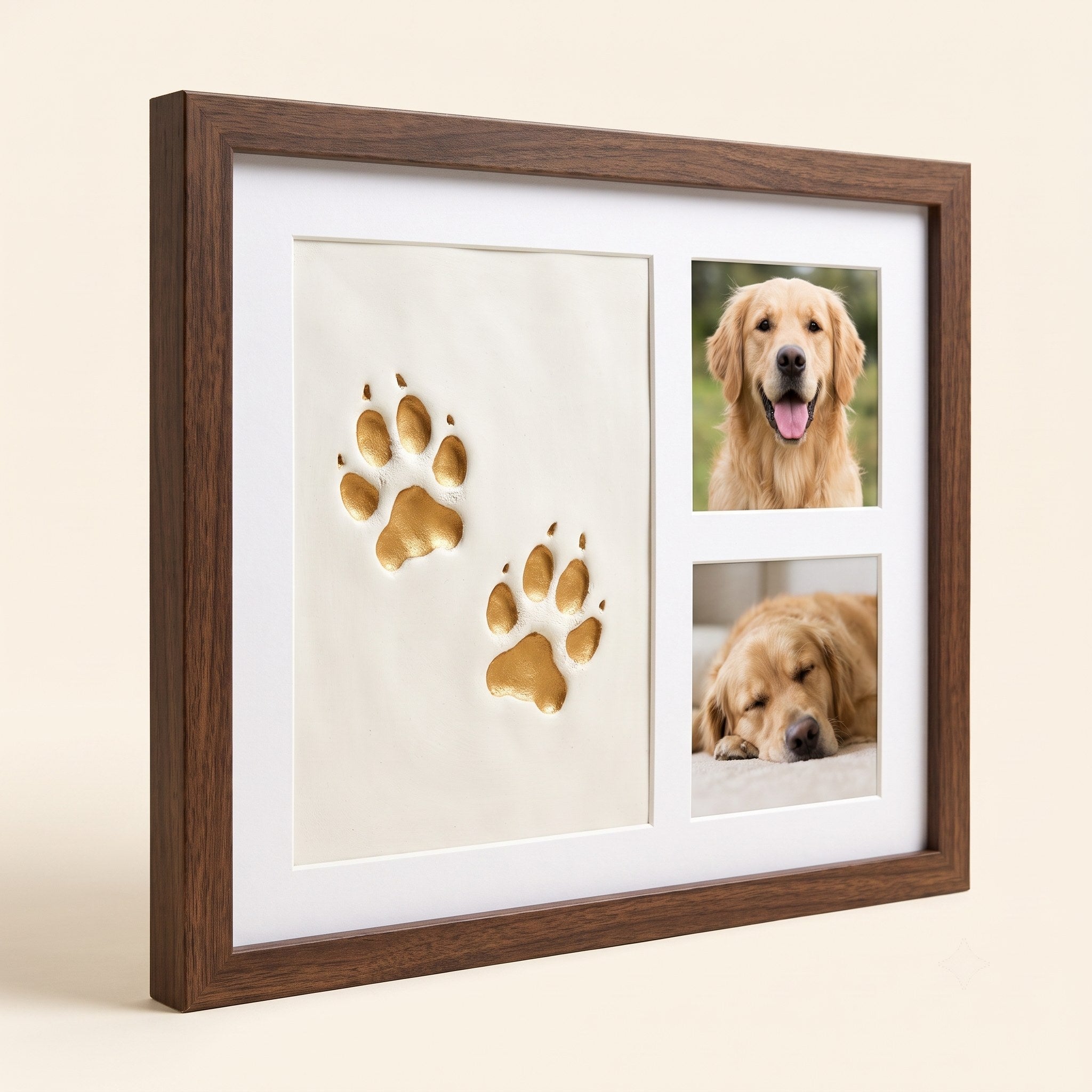 Cocoa walnut paw print keepsake frame with gold prints