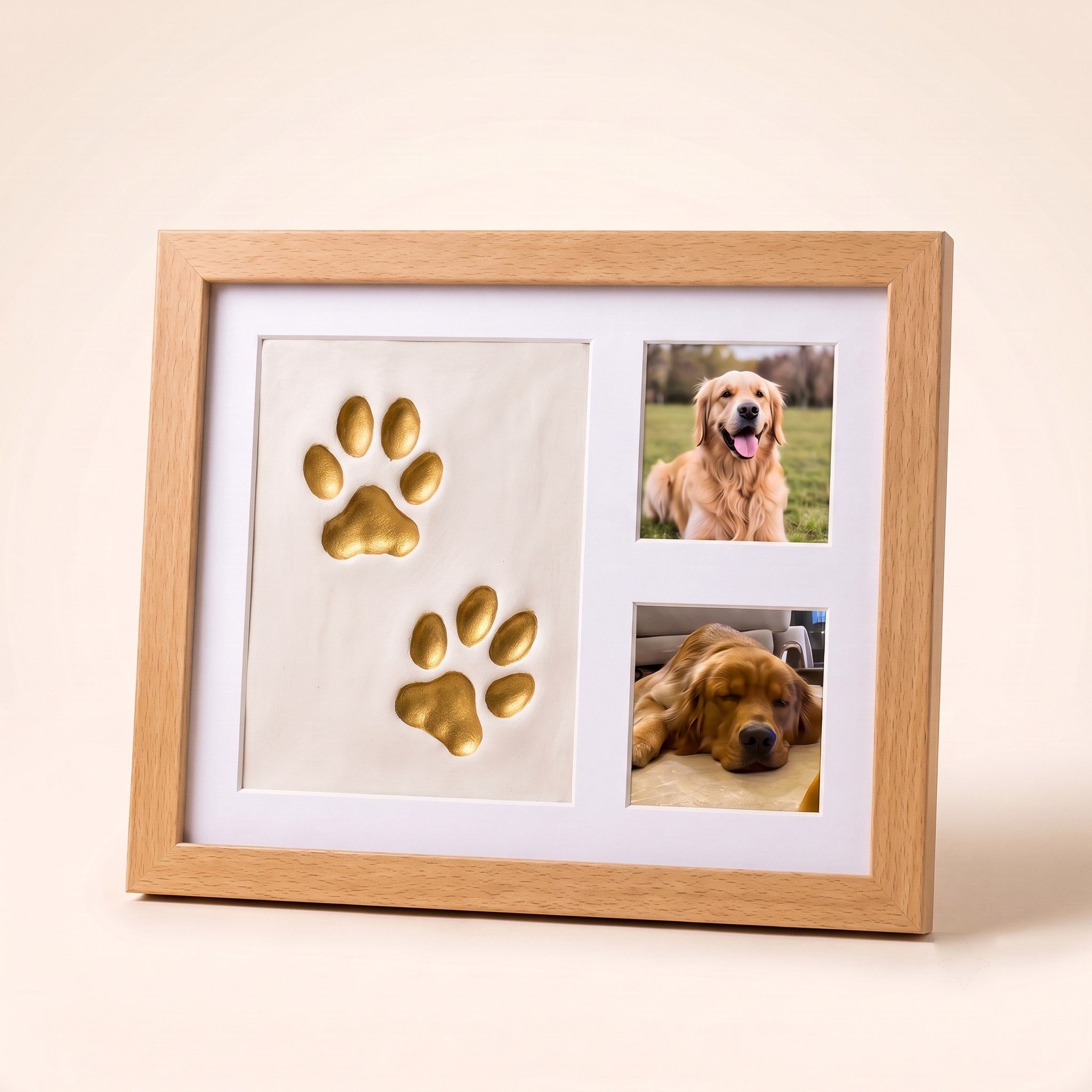 Honey oak paw print keepsake frame with gold prints